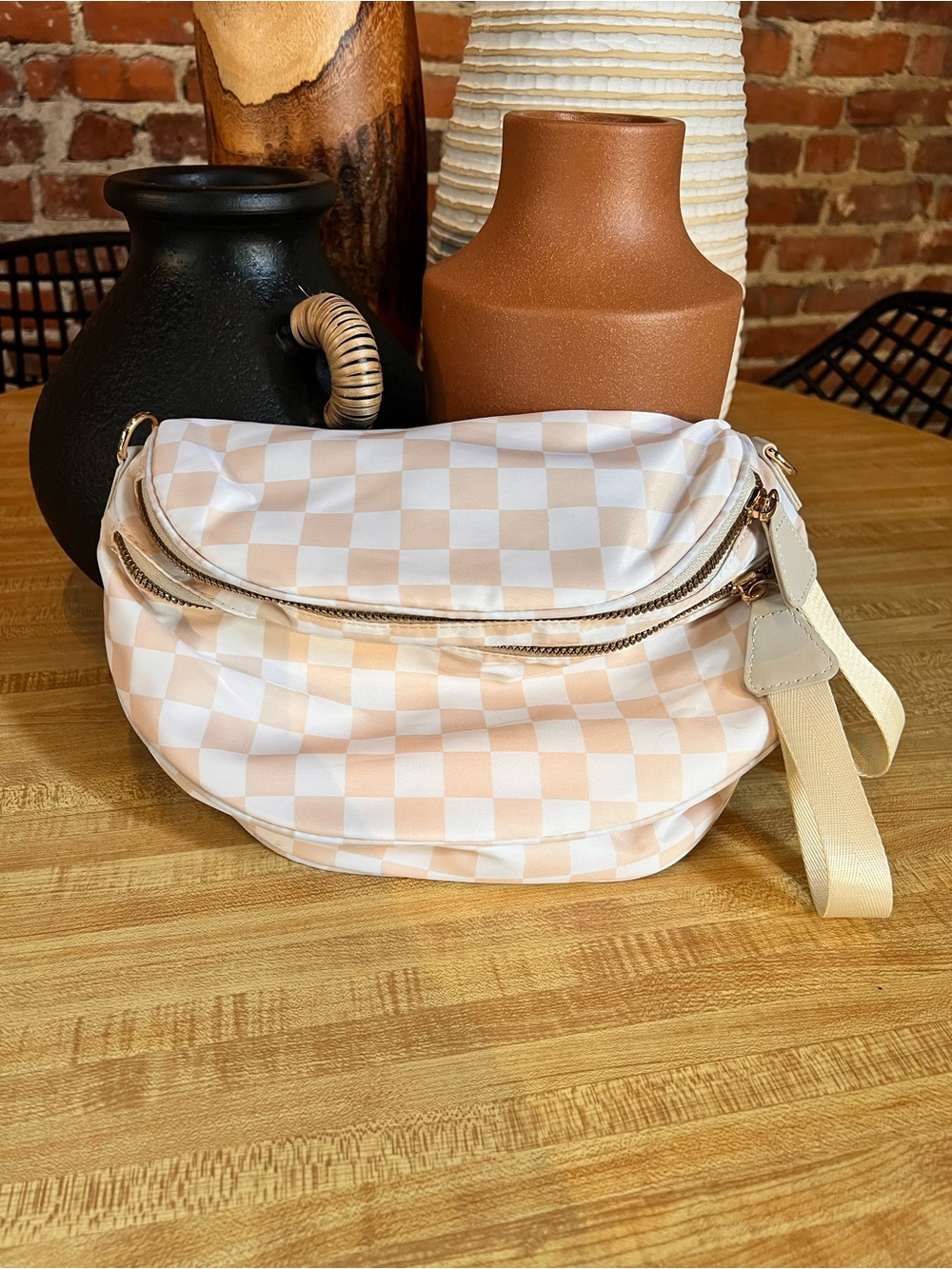 NEW Beige Checkered Nylon Belt Bag Crossbody Sling Bag